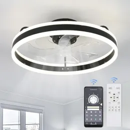 Ventilador de teto em polegadas com luzes LED redondo moderno controle remoto de baixo perfil e lâminas reversíveis de APP 3 cores preto