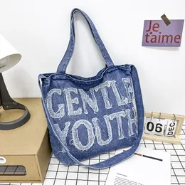 Bolsa feminina 2 cores todos os dias Joker grande bolsa de ombro de lona macia e confortável bolsa jeans literária casual letras bolsa mensageiro feminina 9016 #