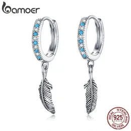 Boho Style 925 Sterling Silver Jewelry Turquoise Color Stone Feather Dangle örhängen för kvinnor örhänge med charm SCE898 240401