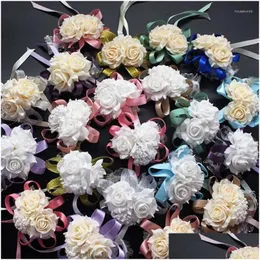 Bröllopsdekorationer Dekorativa blommor Decoration Mariage Rose Wrist Cors Handblomma Silk Spets Pe Foam Artificial Brides Bridesmaid Dhyi8