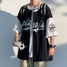 ストリートヒップホップカラーコントラストステッチ野球シャツカーディガンジャケット夏の短袖のメンズルーストップメンズ衣類240321