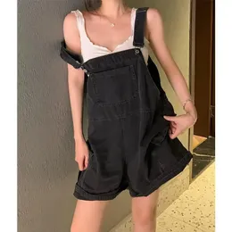 Coveralls Denim Short For Women Baggy Vintage Black Korean Style Summer Casual Fashion High Waist Washed Straight Jean Shorts 240321