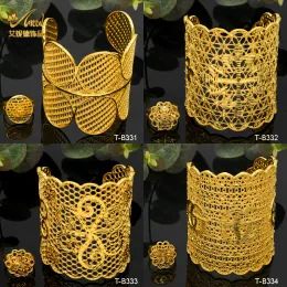 Armreifen Aniid Big Dubai Frau Armband 24K Gold plattiert Bijoux Africaine Verstellbare Armreifen mit Ring Hochzeit Schmuck Brautgeschenk