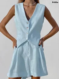 Kvinnors tvåbitar byxor linne västmästerskorts set kvinnor elegant ärmlös enkelbröst topp set kvinnor sommar lady tank casuals