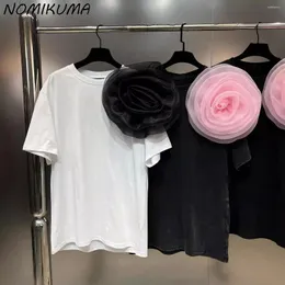 여자 T 셔츠 노미 쿠마 2024 스프링 라운드 목 짧은 소매 3D 큰 꽃 인과 Korean 티셔츠 여름 상단
