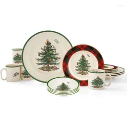 Plattor Spode Christmas Tree Tartan Dinnerware Set 16-Piece Dish Service för 4 middagar och sallad diskmaskin säker