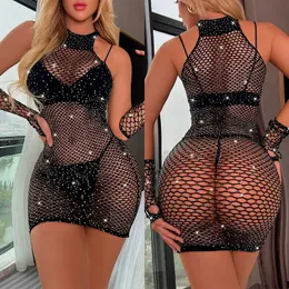 Fond Seksi Pijamalar Seksi Bodycon Elbise Rhinestones Noel Partisi Zaman Elbise Perspektif Kulüp Giyim Mini Elbise Sıcak Erotik İç Çamaşırı 2404101