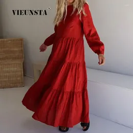 Vestidos casuais 2024 cor sólida solta plissada maxi vestido feminino o-pescoço boho praia outono vintage mulheres manga longa algodão linho