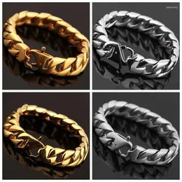 Link pulseiras prata cor de ouro 15mm 21cm brilhante cubana curb fundição corrente inoxidável pulseira de aço pulseira presente de natal masculino