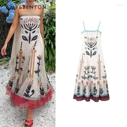 Casual Dresses Summer Bohemian Style Elegant Fashion Vintage Printed Chiffon Stitching Strap Dress Sexig ärmlös Slim Mid-Längd