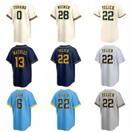 Anpassade herrkvinnor Youth Christian Yelich City Connect Baseball Jersey Brent Suter Lorenzo Cain Joey Wiemer Brice Turang Bryse Wilson Owen Miller Mathias Yount Shirt