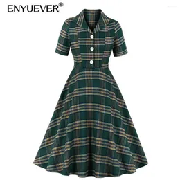 Parti Elbiseleri Enyuever Yeşil Ekose Elbise Kadınlar Yaz Kısa Kollu Düğme Pamuk Çöp Pin Up Tunik Salıncak Vintage 50s 60s Retro Giysiler