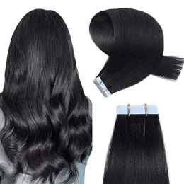 Fita de extensões na extensão do cabelo humano, sem costura e reutilizável preto natural #1b cabelo virgem reto Virgin Human Late Double Invisible Tape Hair