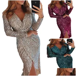 Abiti casual di base 8 colori Autunno paillettes Midi Plus Size Abito manica lunga Festa di Natale Donna Club Matita Oro Scollo a V Drop Dhwyt