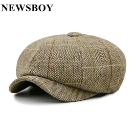 SBOY Cap For Men Herringbone Khaki Women British Style Beret Spring Octagonal Vintage Adjustable Checkered Hats And Caps 240311