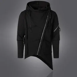 Män huva tröja streetwear mode hip hop black zip up hoodie cloak mantle japan asymmetrical hem long design hoodies boy 201113