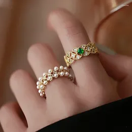 Anelli a grappolo alla moda fine 14k oro reale rombo smeraldo perla apertura per le donne design regolabile alta gioielleria zircone regalo del partito