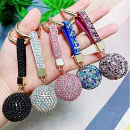 Keychains Lanyards Fancy Fantasy New Strass Rhinestone High Quality Leather Strap Crystal Ball Car Keychain Charm Pendant Key Ring for Women J240330