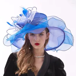 Berretti Accessori per capelli all'ingrosso Primavera e autunno Donna Sposa Festa Piuma Pizzo Fiore grande Fedora a tesa larga Cappello per ragazze