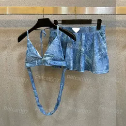 Şık denim mayo seksi sızıntı bikini tasarımcısı Halter bikini kadın yaz bikini set mayo etek plaj mayo için iki parça set