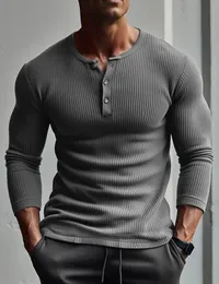 Manga longa poliéster camiseta masculina respirável tecido fino casual primavera outono henryneck básico t topos homem 240321