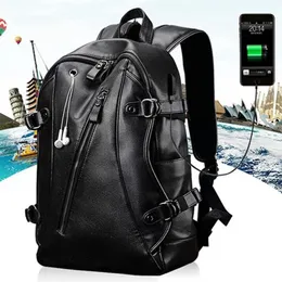 Ryggsäck män extern USB -laddning vattentät mode pu läder resväska avslappnad skolväska 240323