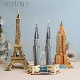 Blocos mundialmente famosos edifícios 3d modelo quebra-cabeça de papelão para crianças diy brinquedos artesanais decorações de mesa crianças presente 240401