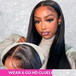 Syntetiska peruker Glueless Preplucked Human Ready to Wear and Go HD Transparent 13x4 Straight Lace Frontal Wig 4x4 Stängning Pre Cut Remy D Dhxho