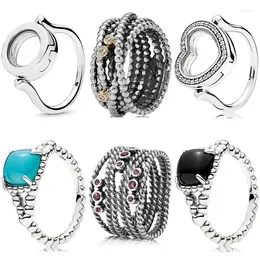 Cluster Rings 925 Sterling Silver Ring Entangled Beauty Floating Heart Circle Locket Black Blue For Female DIY Jewelry