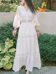 Basic Casual Dresses Horetong Hollow Out Design White Dress For Women V-neck Long Sleeve High Waist Party Gown Autumn Fashion Elegant Holiday yq240402