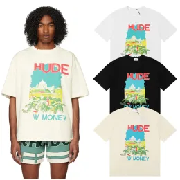 Neues HUDE T-Shirt mit Rundhalsausschnitt, Schloss, Kokosnussbaum, Fensterbank, Landschaft, reine Baumwolle, lockere dünne T-Shirts für Männer und Frauen, kurzärmelige T-Shirts, Top-Kleidung