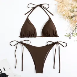 Mulheres Swimwear Sexy Mulheres Tanga Cor Sólida Bikini Set Side Halter Tie Swimsuit Senhoras Split Strap Ajustável Beachwear Brasileiro