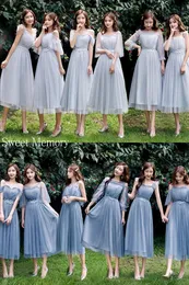 U21O39 Women Plus Size Blue Grey Pink Champagne Bridesmaid Dresses Mesh Net Tulle Fabric Party Graduation Robes Vestidos Elastic 240325