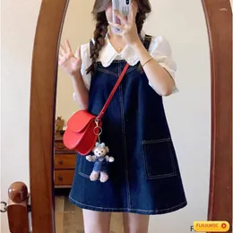 فساتين غير رسمية تصميم الدنيم امرأة لطيف حلوة كوريا الأنيقة الأنيقة اليابان جينز القطن جينز كاواي فستان صغير