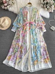 Basic Casual Dresses 2024 Fashion Bohemain Flower Maxi Dress Womens Stand Long Lantern Sleeve Single Breasted Floral Print Lace Up Loose Boho Robe yq240402