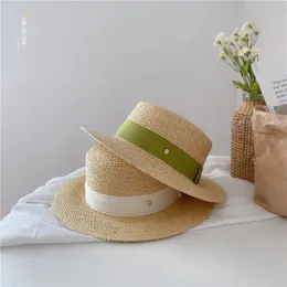 Natural Straw Boater Top Flat Hat for Women Summer Beach Brim Cap With Ribbon For Holiday Party chapeau femme 240326