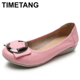 Flats Timetangwomen Sapatos planos 2020 New Women Ballet Casual Couro genuíno raso raso redondo mocassins femininos