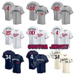 Niestandardowe mężczyźni Młodzież Młodzież Rozmiar niemowlęcia S-7xl Minnesota 26 Max Kepler 4 Carlos Correa 25 Byron Buxton 34 Kirby Puckett Baseball Jersey Bliźniacy zszyte