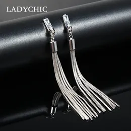 Ladychic High Quality Long Tassel Silver Color Color Dangle Earrings Bling Crystal Women Fashion Jewelry Gift