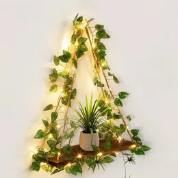 Dekorative Teller Küchenwand Organizer rustikale böhmische Regale mit LED -Leuchten künstliche grüne Blätter Pflanzenkunst Handwerkspeicher für Raum