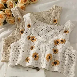 Camisoles & Tanks Fashion French Retro Hollow Small Daisy Knit Mori Waistcoat Women's Design Sense Short V-neck Vest To Wear The Top