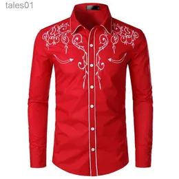 Uomo Plus Tees Polo Ricamo floreale Camicia da smoking rossa Maschile Slim Manica lunga Camicie eleganti da uomo Chemise Homme Festa di nozze per uomo yq240401