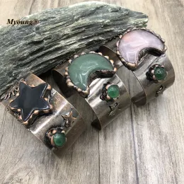 Bangles lehimlenmiş doğal gül kuvarslar kristal aventurin agates moon yıldız manşet bilezik ayarlanabilir taş bileklik vintage bohemi mücevher