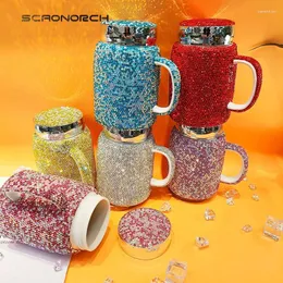 Mugs SCAONORCH Sparkling Rhinestones Coffee Mug Cup With Lid Handle Bling Diamond Ceramic Tea Tumbler Water Bottle Glitter