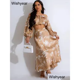 فساتين العمل Wishyear Elegant Satin Print two اثنين من قطعتين فستان مجموعة Y قبالة قمم المحاصيل ذات الأكمام الطويلة وتنورة إجازة إسقاط Otlu6