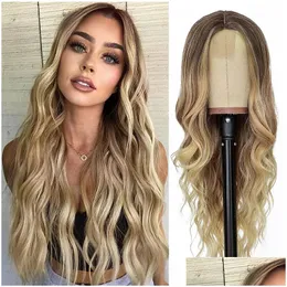 Lace Wigs Gradual Gold Long Curly Hair Wig Female Small Synthetic Fiber Head Set Wholesale Ship Drop Delivery Products Dhova