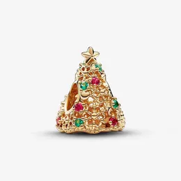 Gold Glitter Christmas Tree Charm Pandoras 925 Sterling Silver Luxury Charm Set Armband Making Beaded Charms Designer Halsband Pendant Original Box Wholesale