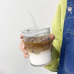 와인 잔 스트라이프 유리 커피 컵 뚜껑 밀짚 물 외관 수준 가정 우유 대나무