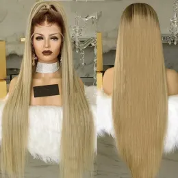 Peruker hög temperaturfiber peruca 28 tum lång rak syntetiska hår peruk brun ombre askblond schweizisk spets front peruker för cosplay