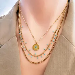 Ожерелья с подвесками, маленькие лампочки, синий натуральный камень, круглый, трехслойный, из титановой стали, ожерелье, модное для женщин, ювелирные изделия для вечеринок
